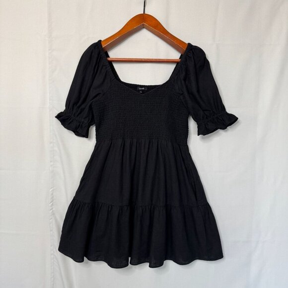 Madewell Black Linen-Blend Lucie Short Puff Sleeve Smocked Mini Dress Size L - Picture 4 of 15
